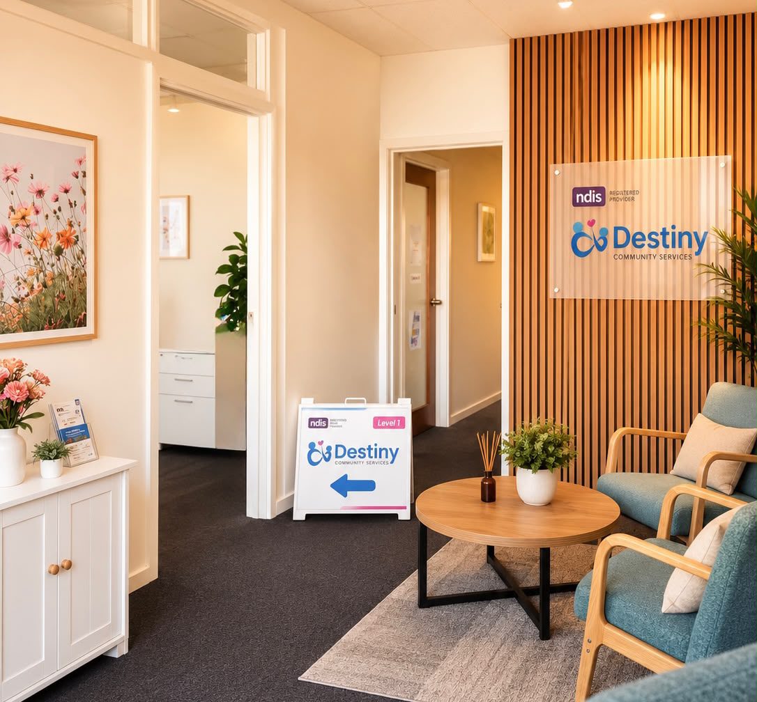 Destiny Community Services reception with NDIS branding